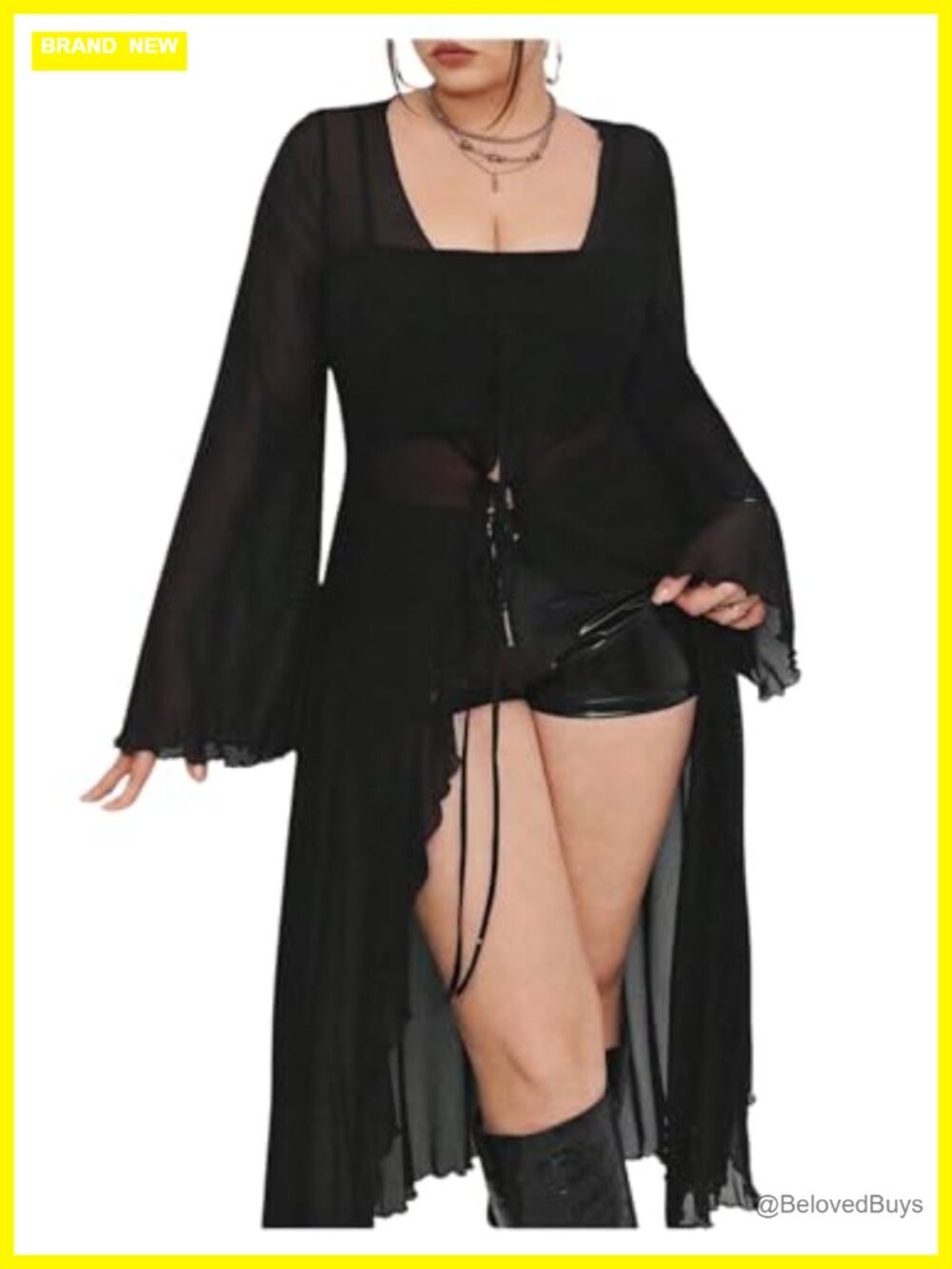 Sheer Mesh Bell Sleeve Tunic Top High Low Asymmetrical Blouse